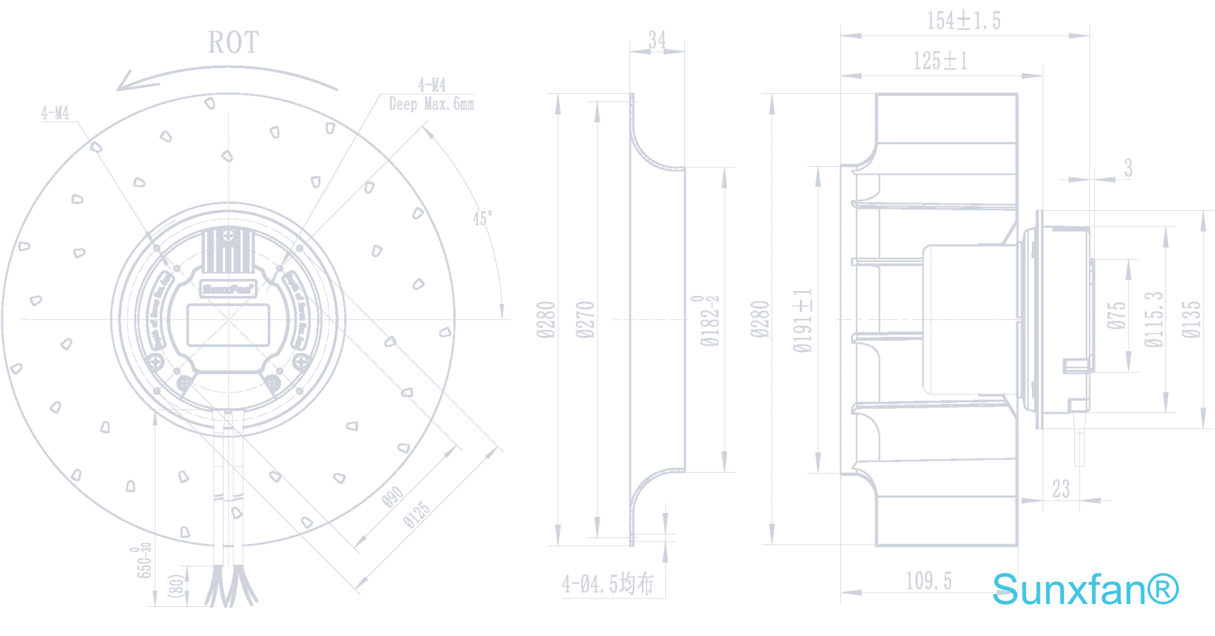 EC280 后向弯曲离心风机（叶轮高度：110mm）— 2000 m³/h — 外形尺寸
