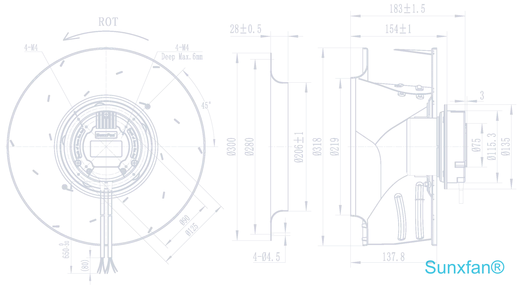 EC310 后向弯曲离心风机（叶轮高度：138mm）— 1750 m³/h — 外形尺寸