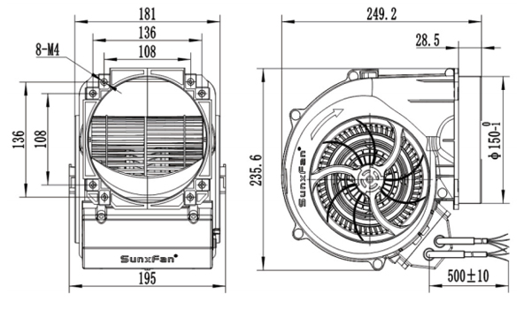 Dimension of SF146B-E092B3-02 Forward Curved Double Inlet Φ 146-150 Dimension of SF146B-E092B3-02 Forward Curved Double Inlet Φ 146-150