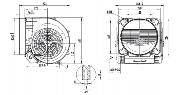 Dimension of SF160D-E092B3-42 Forward Curved Double Inlet Φ 160-200 Dimension of SF160D-E092B3-42 Forward Curved Double Inlet Φ 160-200
