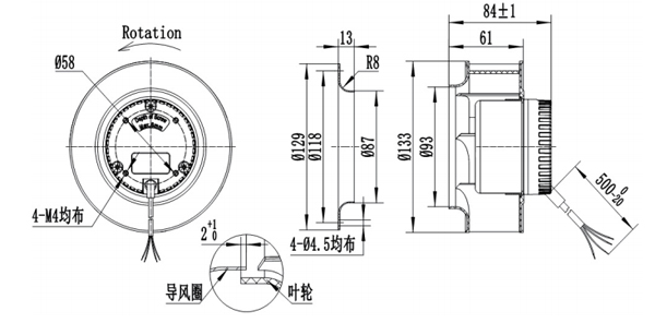 Dimension of BC133A-D72A Backward Curved Fan Φ 133-60 Dimension of BC133A-D72A Backward Curved Fan Φ 133-60