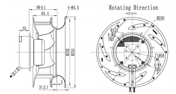 Dimension of BC250A-E092A3 Backward Curved Fan Φ 250-86